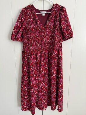London Times Floral Smocked Midi Dress in Berry and Pink